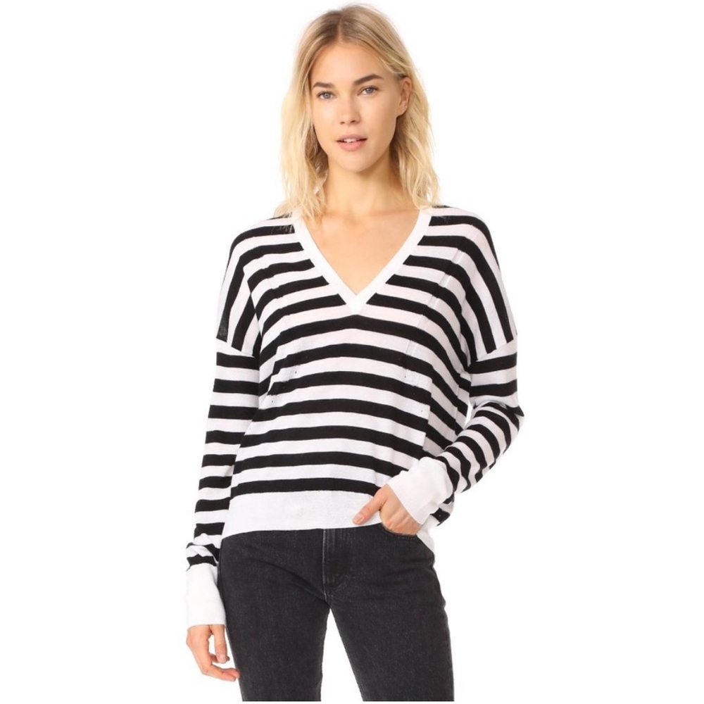 rag & bone Black and White Striped V-Neck Sweater